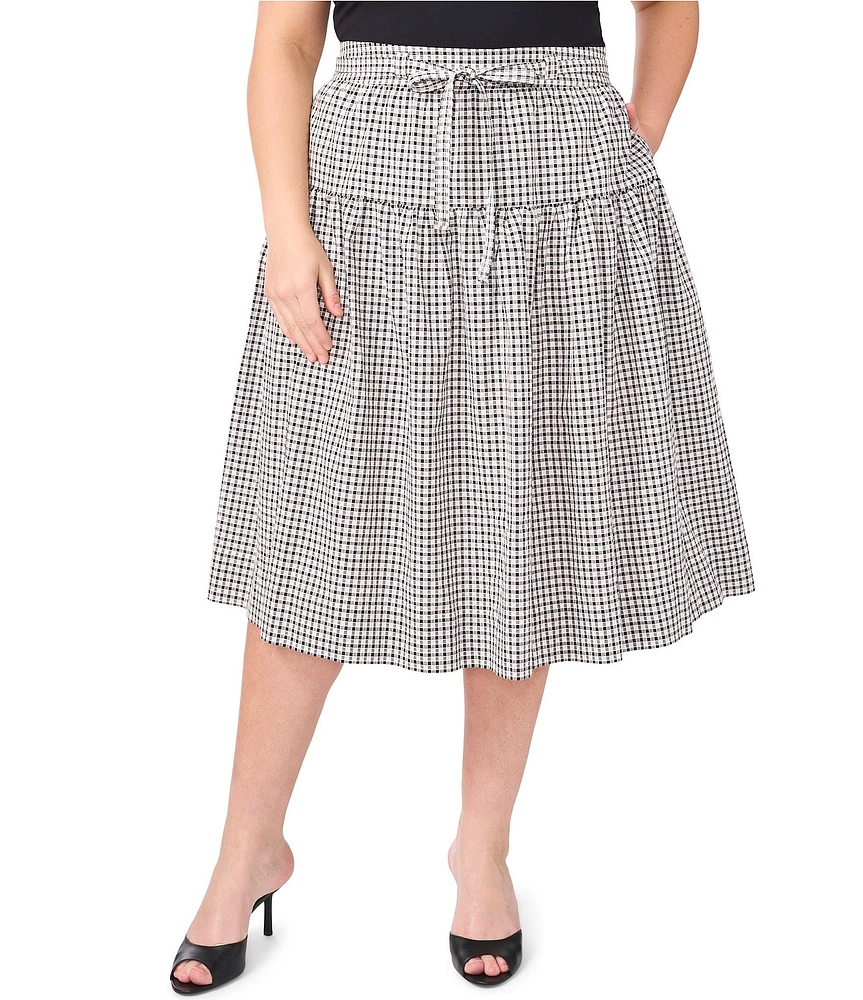 CeCe Plus Size Gingham A-Line Tiered Belted Midi Skirt