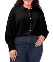 CeCe Plus Size Heavy Georgette Point Collar Long Sleeve Pearl Button Front Shirt