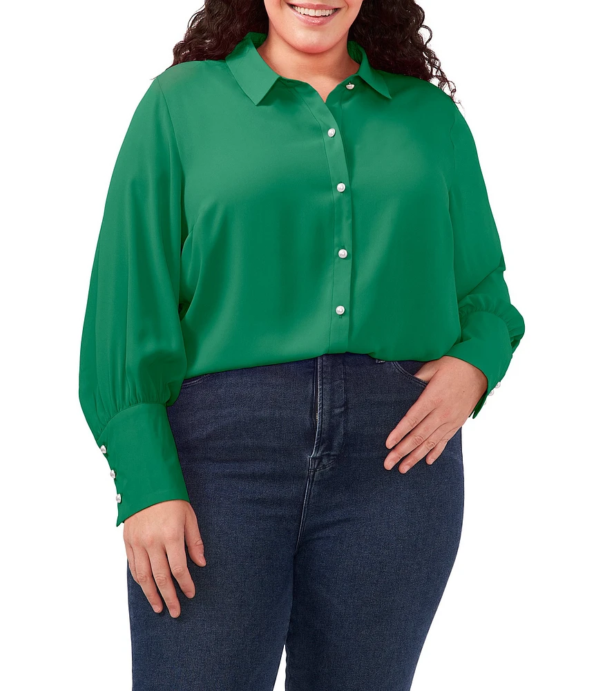 CeCe Plus Size Heavy Georgette Point Collar Long Sleeve Pearl Button Front Shirt