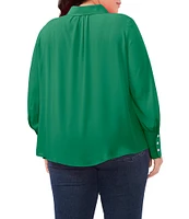 CeCe Plus Size Heavy Georgette Point Collar Long Sleeve Pearl Button Front Shirt