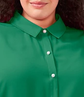 CeCe Plus Size Heavy Georgette Point Collar Long Sleeve Pearl Button Front Shirt