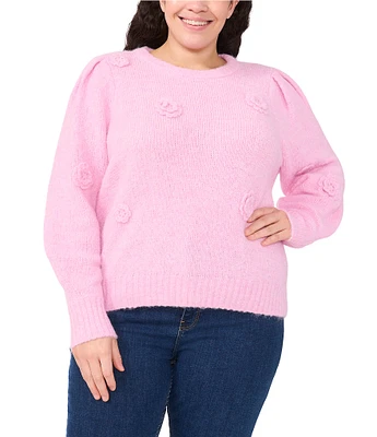 CeCe Plus Size Knit Crew Neck Long Sleeve 3D Flower Sweater