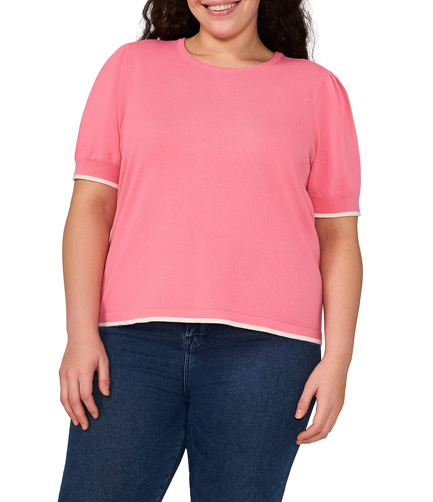 CeCe Plus Size Knit Crew Neck Short Sleeve Contrast Piping Sweater