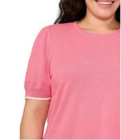 CeCe Plus Size Knit Crew Neck Short Sleeve Contrast Piping Sweater