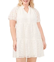 CeCe Plus Size Lace V-Neck Short Puff Sleeve Tiered Babydoll Mini Dress