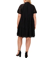 CeCe Plus Size Lace V-Neck Short Puff Sleeve Tiered Babydoll Mini Dress