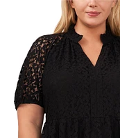 CeCe Plus Size Lace V-Neck Short Puff Sleeve Tiered Babydoll Mini Dress