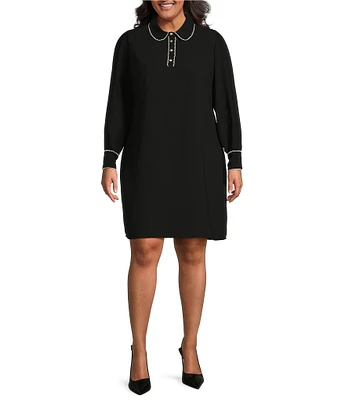 CeCe Plus Size Moss Crepe Point Collar Scallop Trim Long Sleeve Button Front Shift Above the Knee Dress