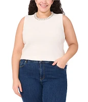 CeCe Plus Size Pearl Trim Crew Neck Sleeveless Sweater