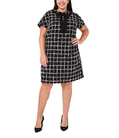 CeCe Plus Size Plaid Gauze Tweed Ruffle Platter Tie Collar Short Sleeve Above the Knee Shift Dress