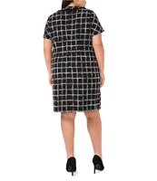 CeCe Plus Size Plaid Gauze Tweed Ruffle Platter Tie Collar Short Sleeve Above the Knee Shift Dress