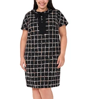 CeCe Plus Size Plaid Gauze Tweed Ruffle Platter Tie Collar Short Sleeve Above the Knee Shift Dress