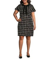 CeCe Plus Size Plaid Gauze Tweed Ruffle Platter Tie Collar Short Sleeve Above the Knee Shift Dress