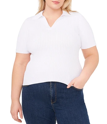 CeCe Plus Size Point Collar V-Neck Short Sleeve Ribbed Blouse