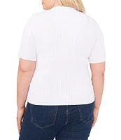 CeCe Plus Size Point Collar V-Neck Short Sleeve Ribbed Blouse
