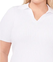 CeCe Plus Size Point Collar V-Neck Short Sleeve Ribbed Blouse