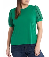 CeCe Plus Size Crew Neck Puffed Short Sleeve Mixed Media Knit Top