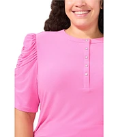 CeCe Plus Size Round Neck 3/4 Puff Sleeve Button Front Blouse