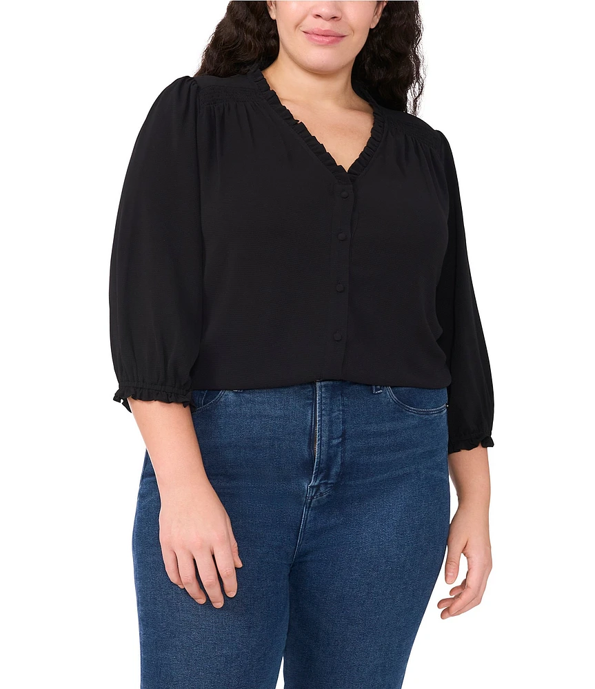 CeCe Plus Size Ruffle Woven V-Neck 3/4 Sleeve Button Front Blouse