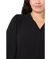 CeCe Plus Size Ruffle Woven V-Neck 3/4 Sleeve Button Front Blouse