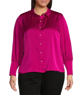 CeCe Plus Size Satin Point Collar Long Sleeve Tall Cuff Pearl Button Front Blouse