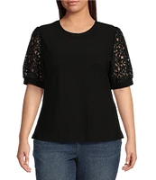 CeCe Plus Size Short Lace Puff Sleeve Crew Neck Blouse