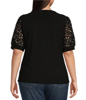 CeCe Plus Size Short Lace Puff Sleeve Crew Neck Blouse
