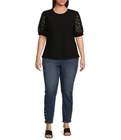 CeCe Plus Size Short Lace Puff Sleeve Crew Neck Blouse
