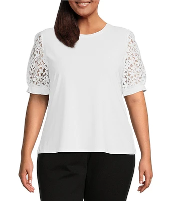 CeCe Plus Size Short Lace Puff Sleeve Crew Neck Blouse