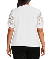 CeCe Plus Size Short Lace Puff Sleeve Crew Neck Blouse