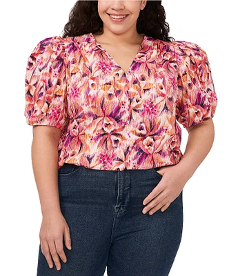 CeCe Plus Size Short Puffed Sleeve V Neck Blouse