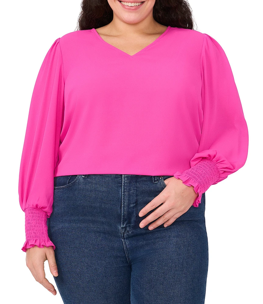 CeCe Plus Size Size V-Neck Long Peasant Sleeve Smocked Cuff Heavy Georgette Blouse