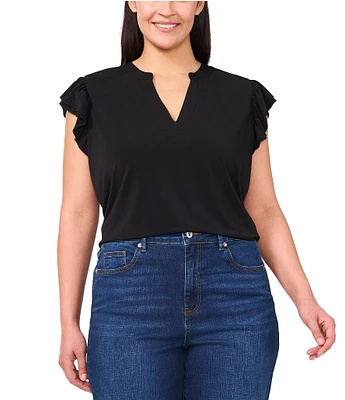 CeCe Plus Size Split Round Neck Flutter Cap Sleeve Blouse