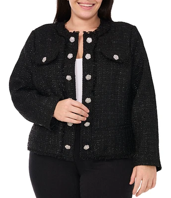 CeCe Plus Size Tweed Long Sleeve Button Front Jacket