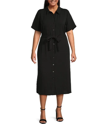 CeCe Plus Size V-Neck Short Sleeve Button Front Midi Shirt Dress