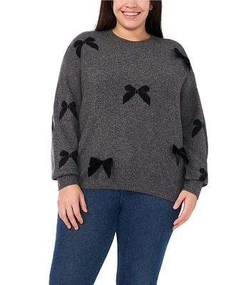 CeCe Plus Size Velvet Bow Crew Neck Long Sleeve Sweater