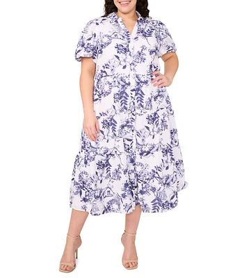 CeCe Plus Size Woven Floral Print Collared Short Puff Sleeve Midi Shirt Dress
