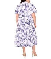 CeCe Plus Size Woven Floral Print Collared Short Puff Sleeve Midi Shirt Dress