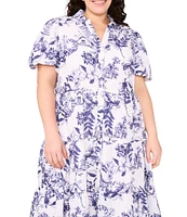 CeCe Plus Size Woven Floral Print Collared Short Puff Sleeve Midi Shirt Dress