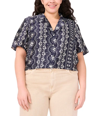 CeCe Plus Size Woven Notch Collar Short Sleeve Button Front Camp Coordinating Shirt