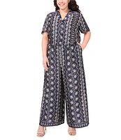 CeCe Plus Size Woven Notch Collar Short Sleeve Button Front Camp Coordinating Shirt