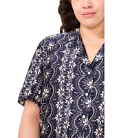 CeCe Plus Size Woven Notch Collar Short Sleeve Button Front Camp Coordinating Shirt