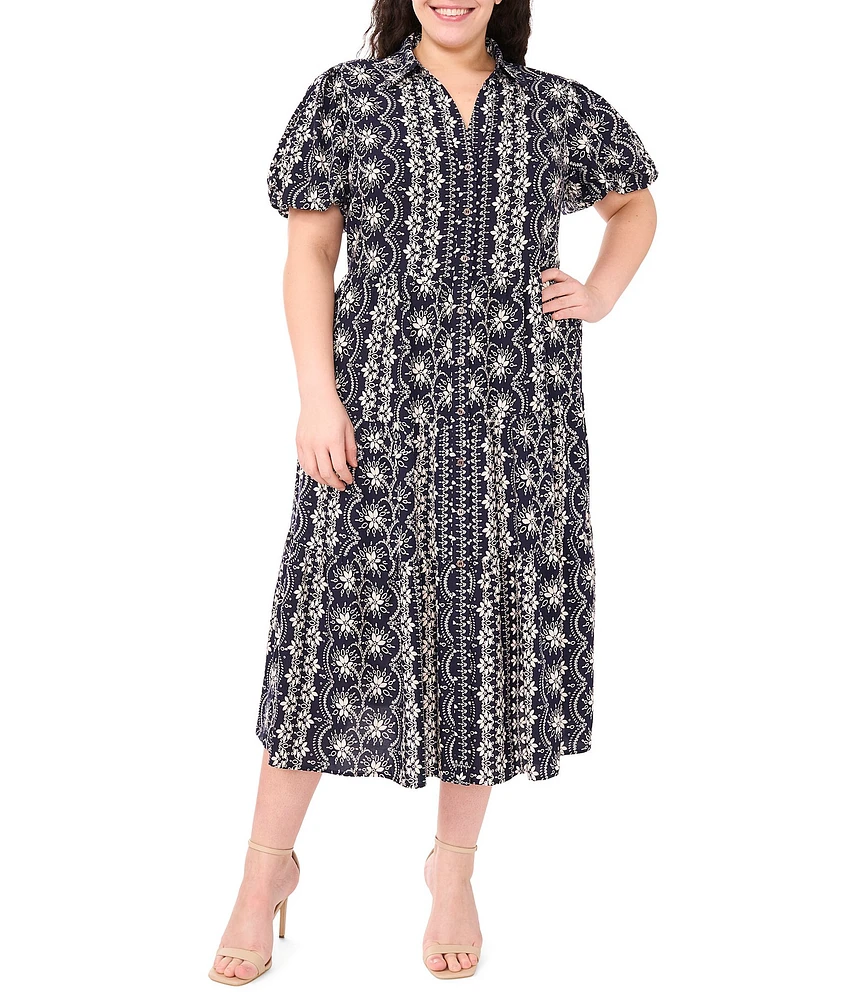 CeCe Plus Size Woven Printed Collared Short Puff Sleeve Button Front Tiered Midi Dress