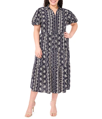 CeCe Plus Size Woven Printed Collared Short Puff Sleeve Button Front Tiered Midi Dress
