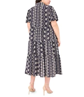 CeCe Plus Size Woven Printed Collared Short Puff Sleeve Button Front Tiered Midi Dress