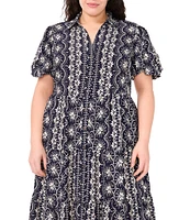 CeCe Plus Size Woven Printed Collared Short Puff Sleeve Button Front Tiered Midi Dress