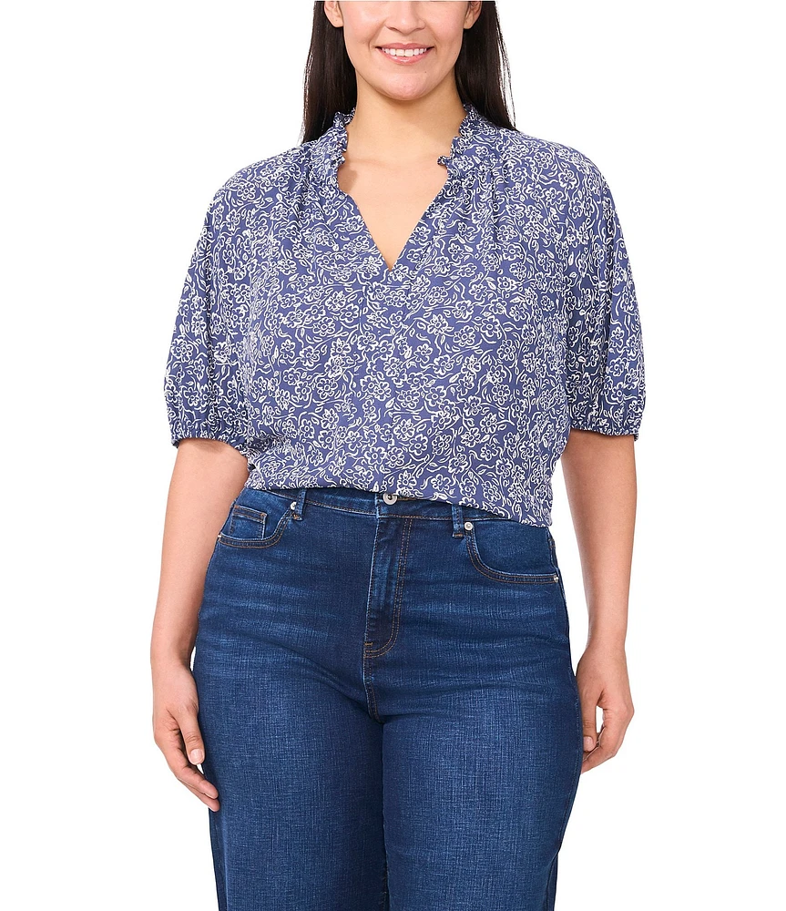 CeCe Plus Size Woven Printed Split Round Ruffle Neckline Short Puff Sleeve Blouse