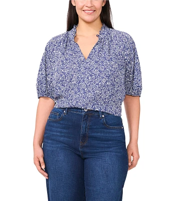 CeCe Plus Size Woven Printed Split Round Ruffle Neckline Short Puff Sleeve Blouse
