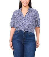 CeCe Plus Size Woven Printed Split Round Ruffle Neckline Short Puff Sleeve Blouse