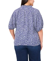 CeCe Plus Size Woven Printed Split Round Ruffle Neckline Short Puff Sleeve Blouse